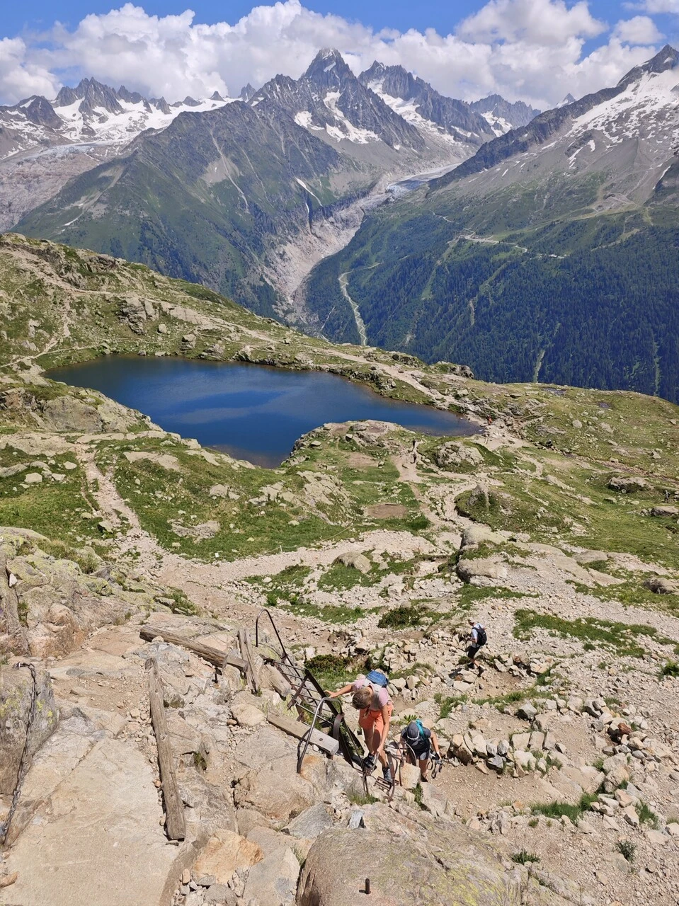 Vaeltajia tikkailla lacs des Chéserys'n yläpuolella, taustalla glacier d'Argentière